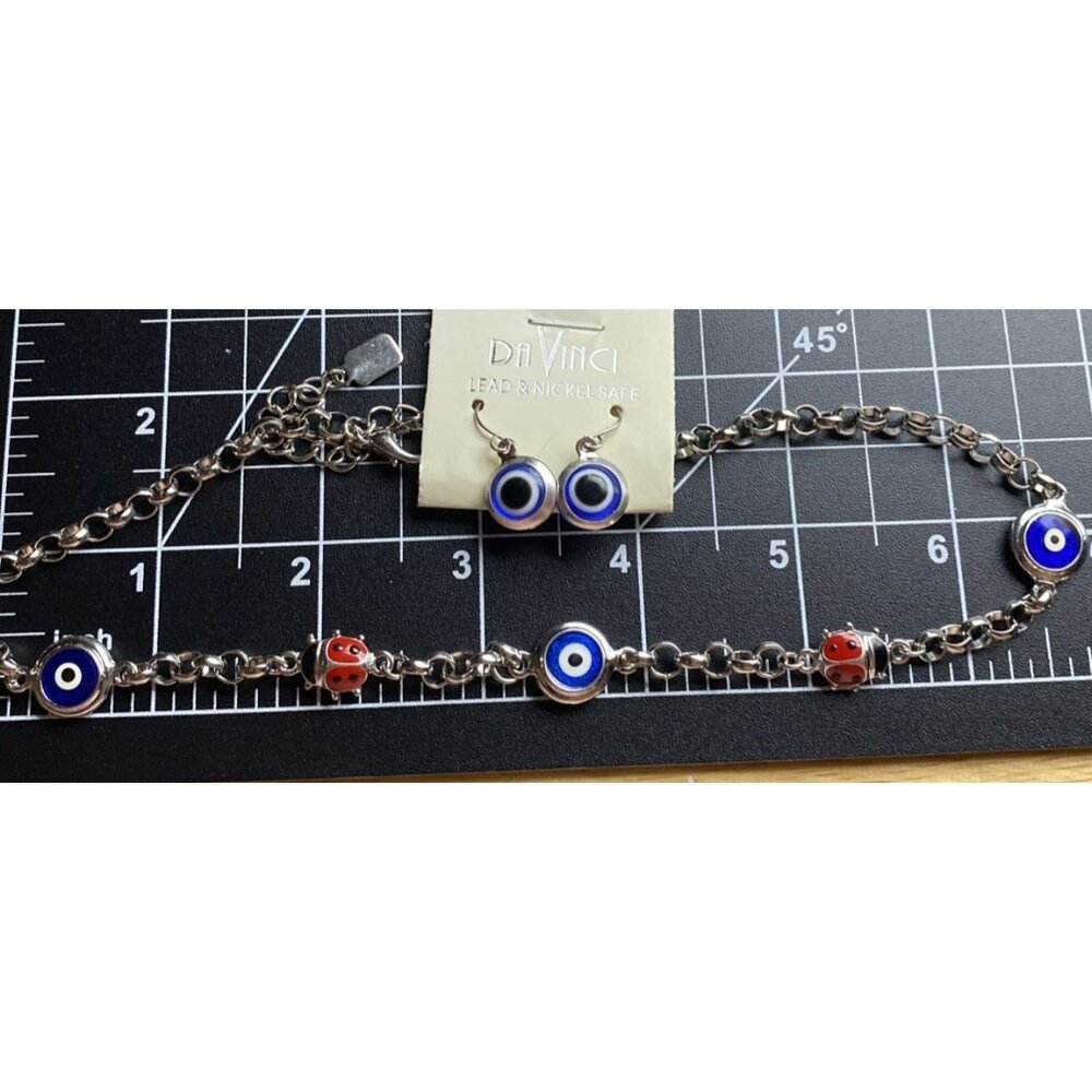 NWT Da Vinci You & I Earring Set Blue Evil Eye Red Ladybug Necklace Silver Tone - Picture 6 of 6